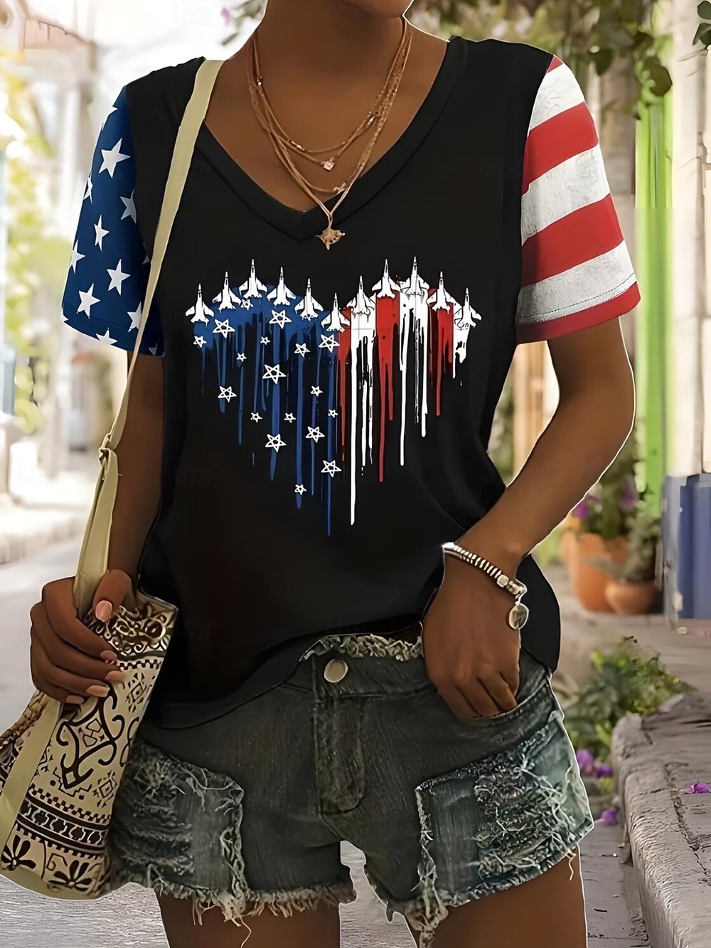 NWT Patriotic V-Neck Graphic Tee American Flag Heart Black/Red/Blue 4th of July